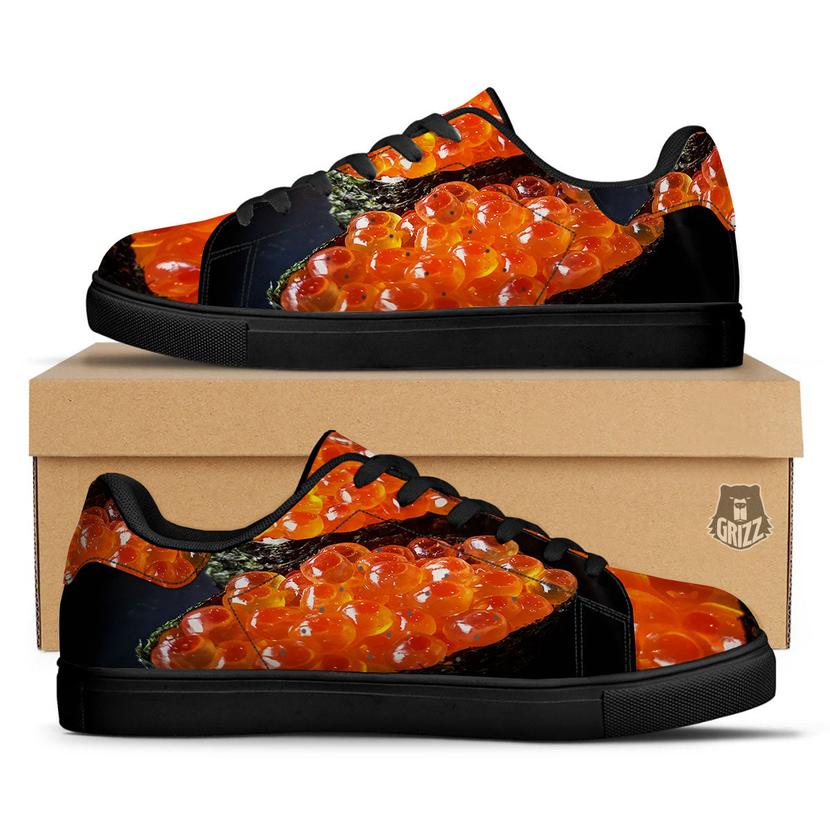 Salmon Roe Sushi Print Black Low Top Sneakers-grizzshop