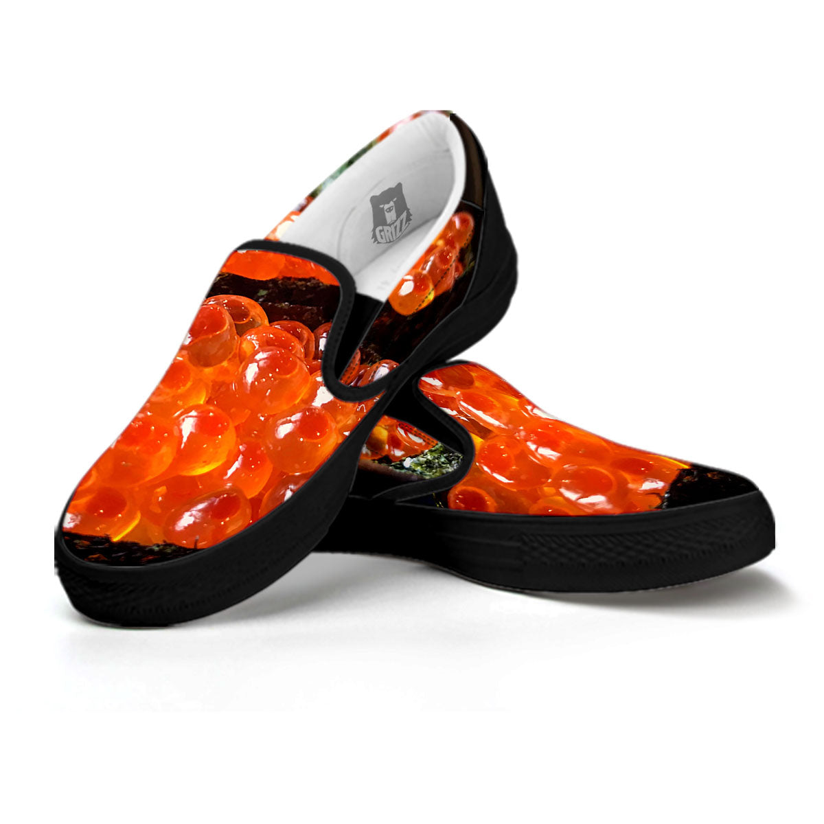 Salmon Roe Sushi Print Black Slip On Shoes-grizzshop