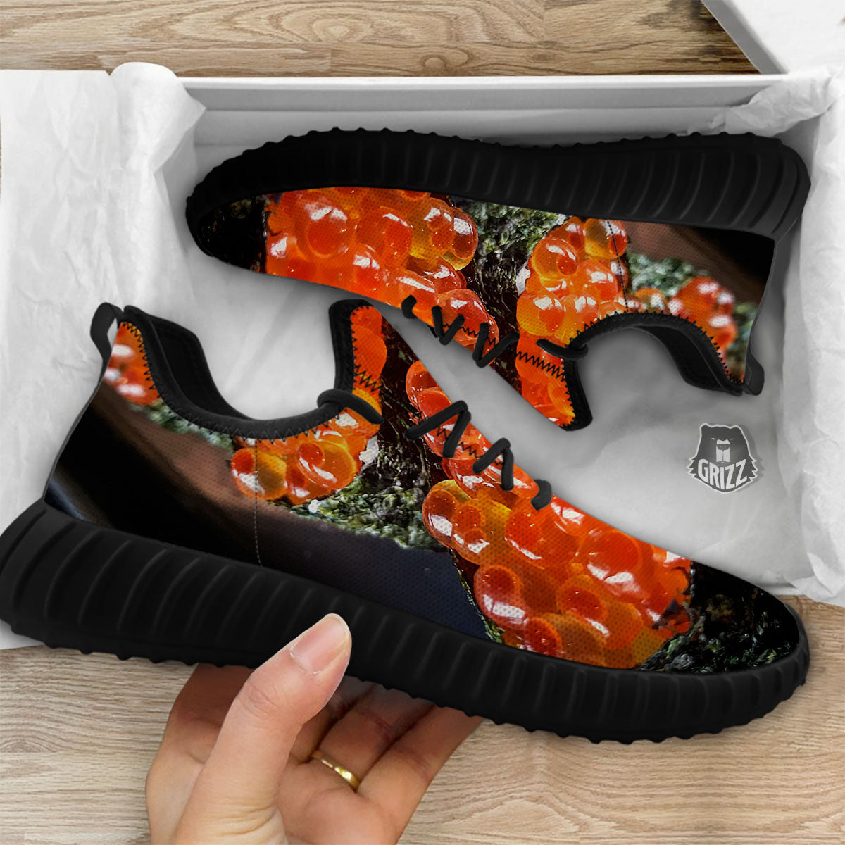 Salmon Roe Sushi Print Black Walking Shoes-grizzshop