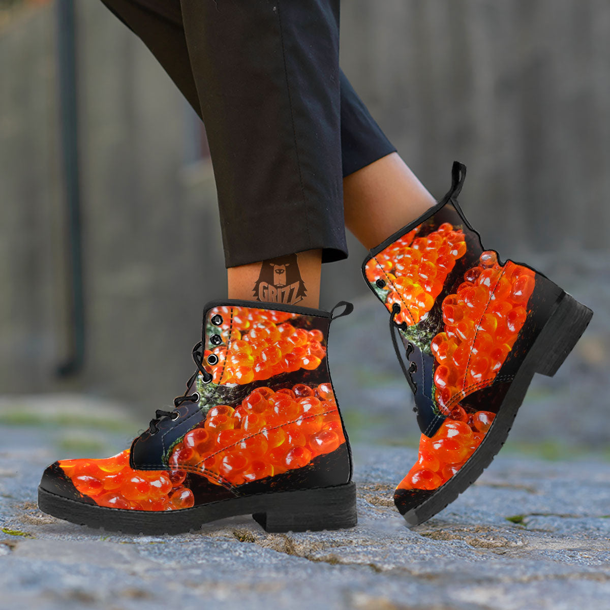 Salmon Roe Sushi Print Leather Boots-grizzshop