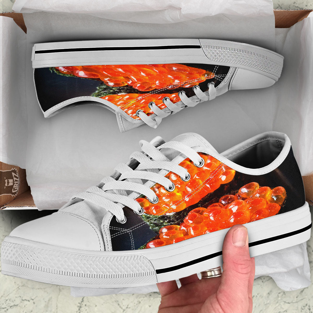 Salmon Roe Sushi Print White Low Top Shoes-grizzshop