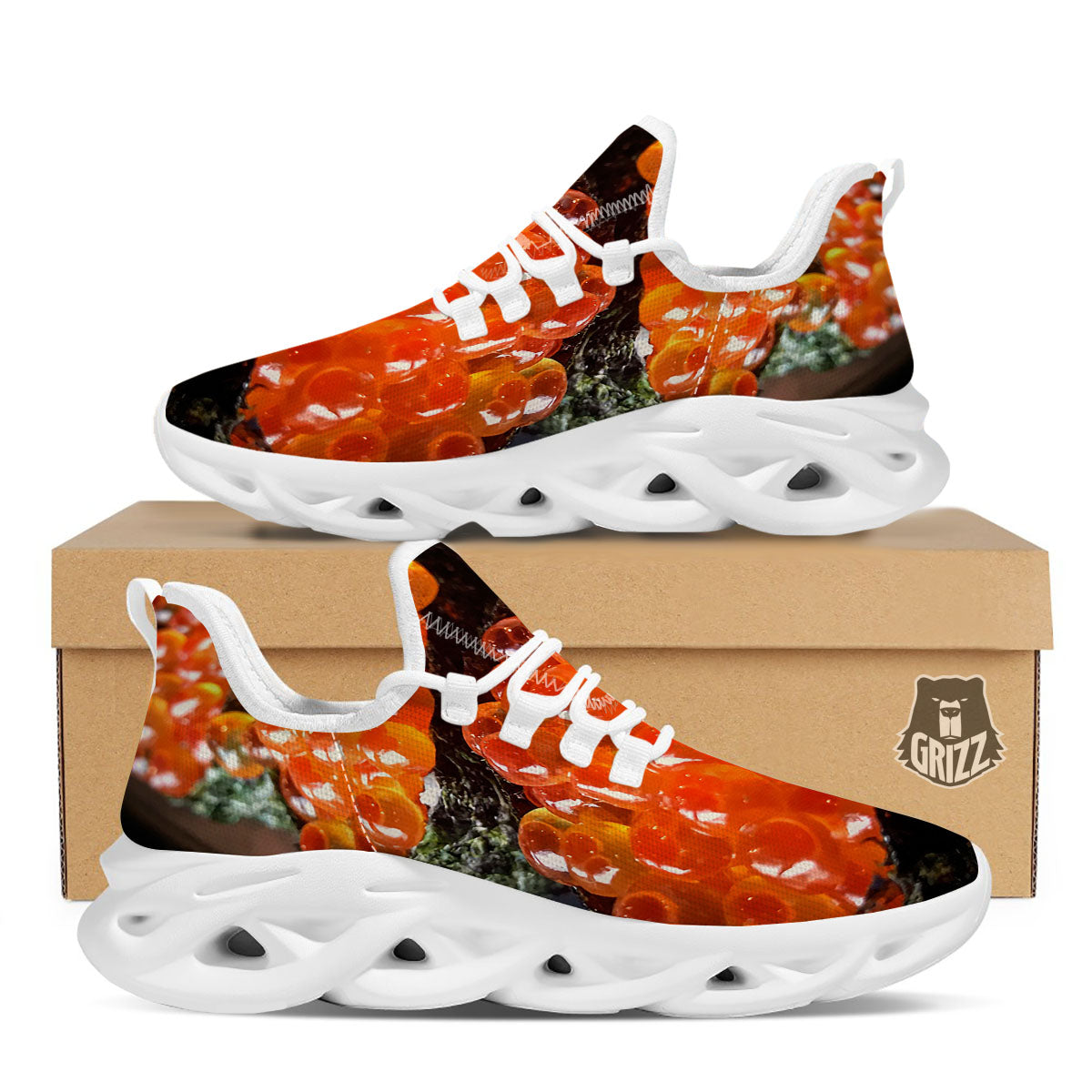 Salmon Roe Sushi Print White Running Shoes-grizzshop