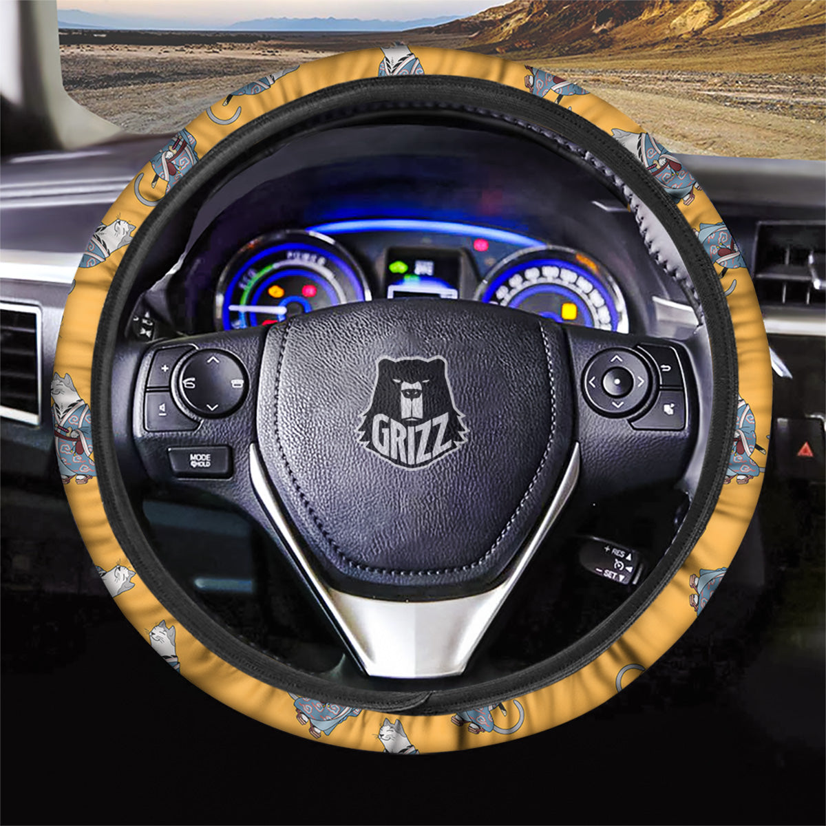 Samurai Cat Print Pattern Car Steering Wheel Cover-grizzshop