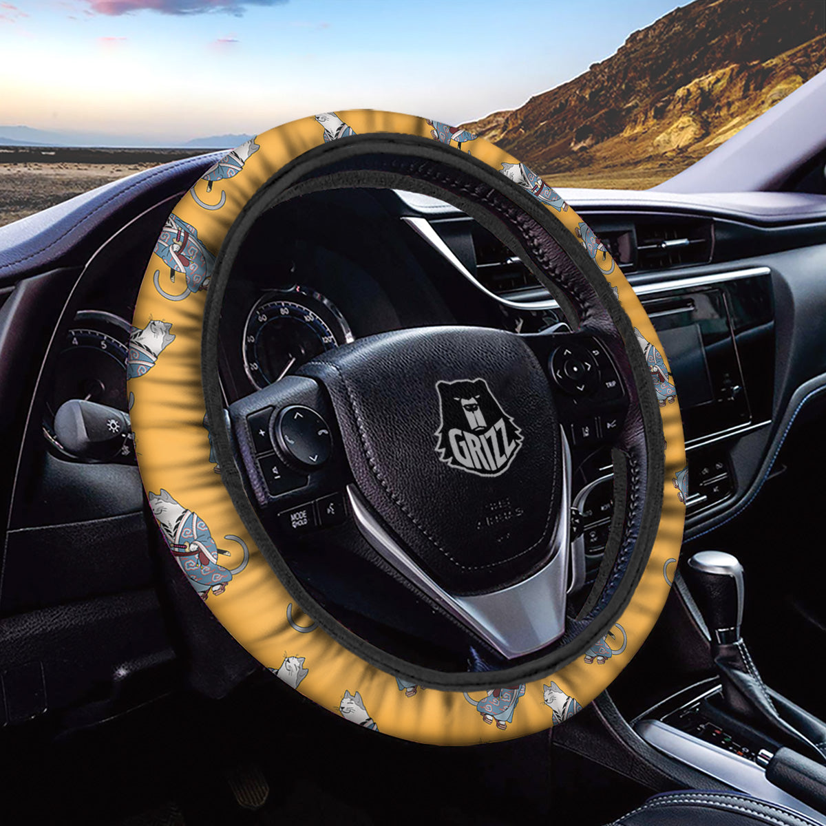 Samurai Cat Print Pattern Car Steering Wheel Cover-grizzshop