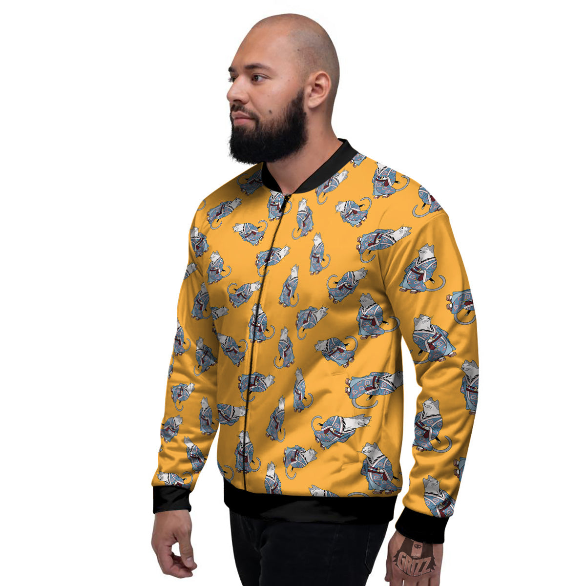 Samurai Cat Print Pattern Men's Bomber Jacket-grizzshop