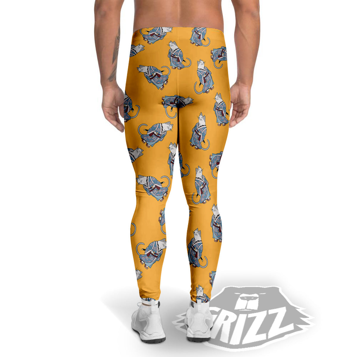 Samurai Cat Print Pattern Men's Leggings-grizzshop