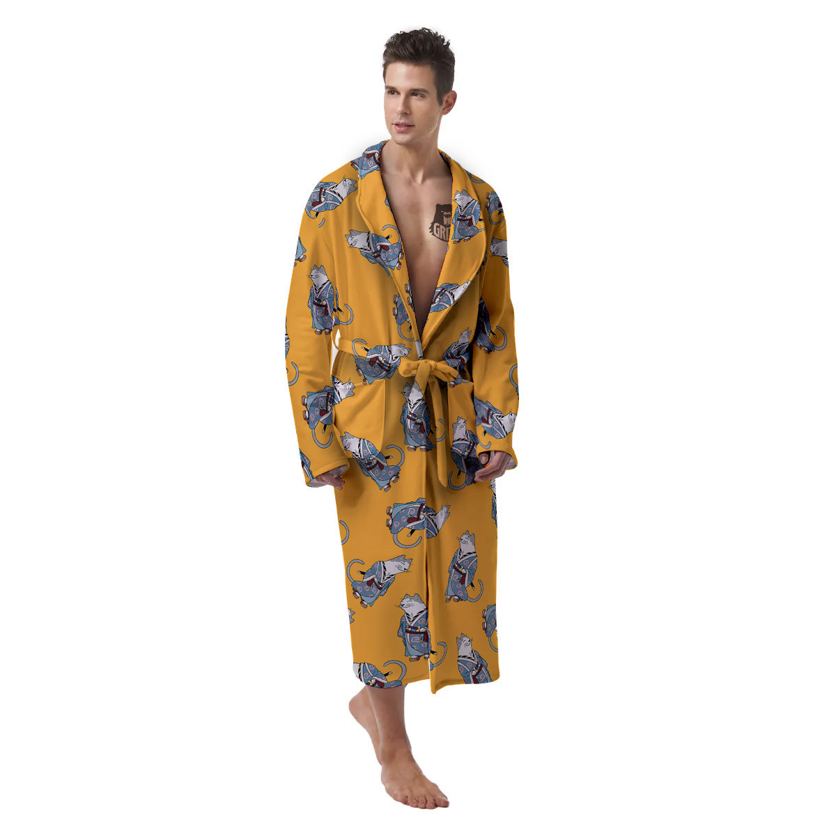 Samurai Cat Print Pattern Men's Robe-grizzshop