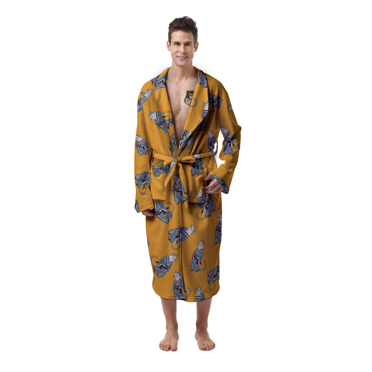 Samurai Cat Print Pattern Men's Robe-grizzshop