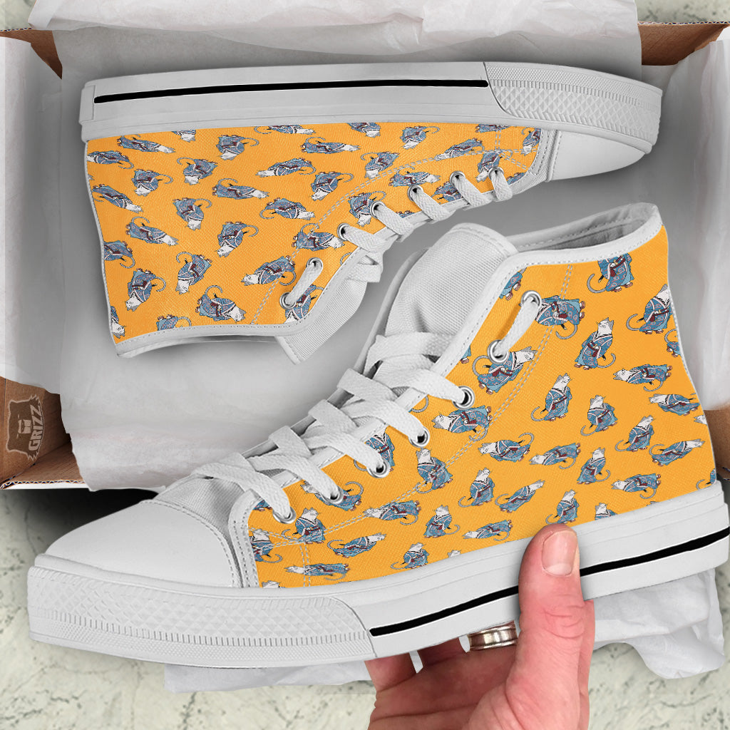 Samurai Cat Print Pattern White High Top Shoes-grizzshop