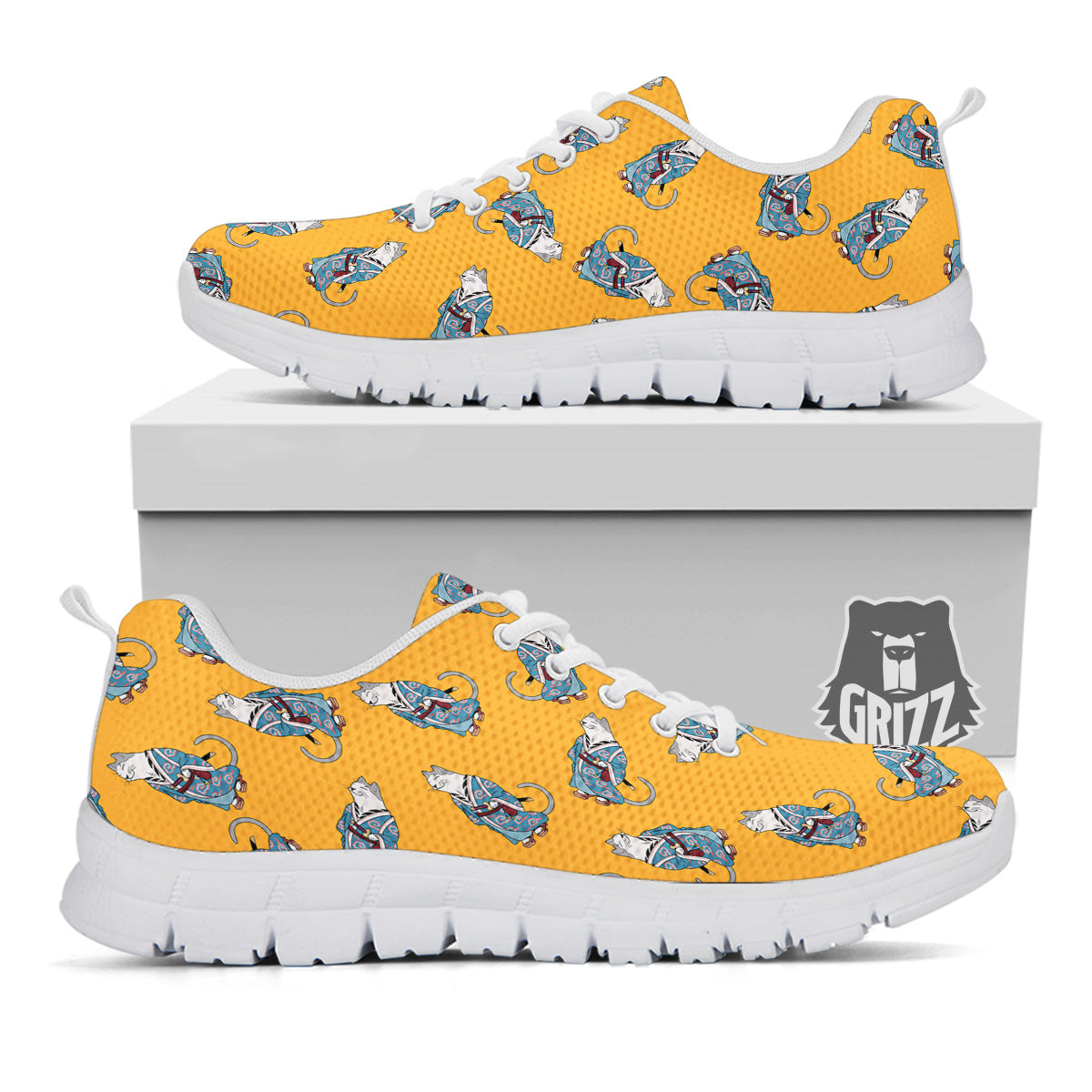 Samurai Cat Print Pattern White Sneaker-grizzshop