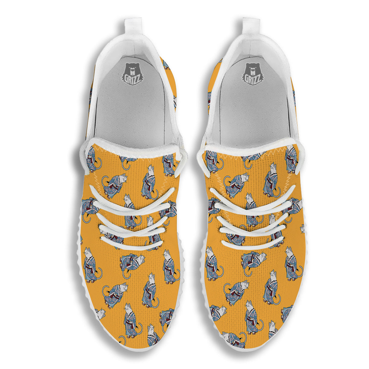 Samurai Cat Print Pattern White Walking Shoes-grizzshop