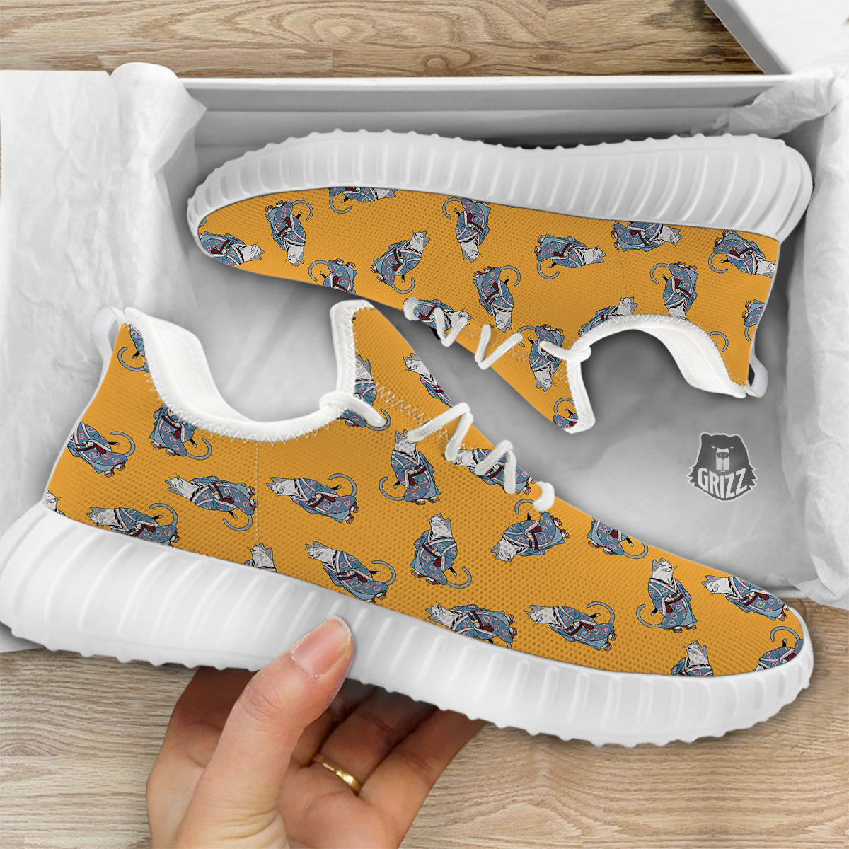 Samurai Cat Print Pattern White Walking Shoes-grizzshop