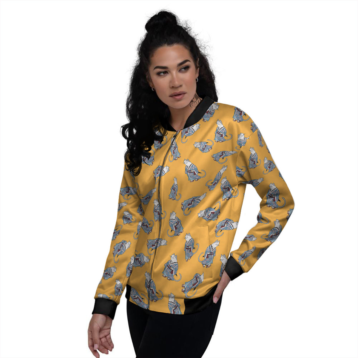 Samurai Cat Print Pattern Women's Bomber Jacket-grizzshop