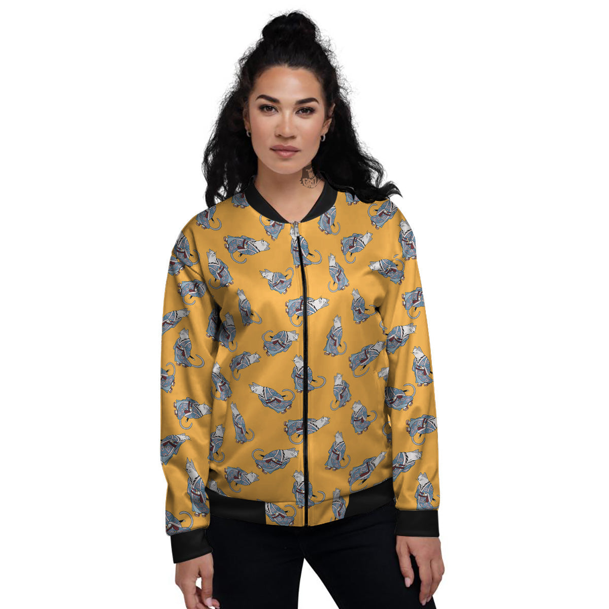 Samurai Cat Print Pattern Women's Bomber Jacket-grizzshop