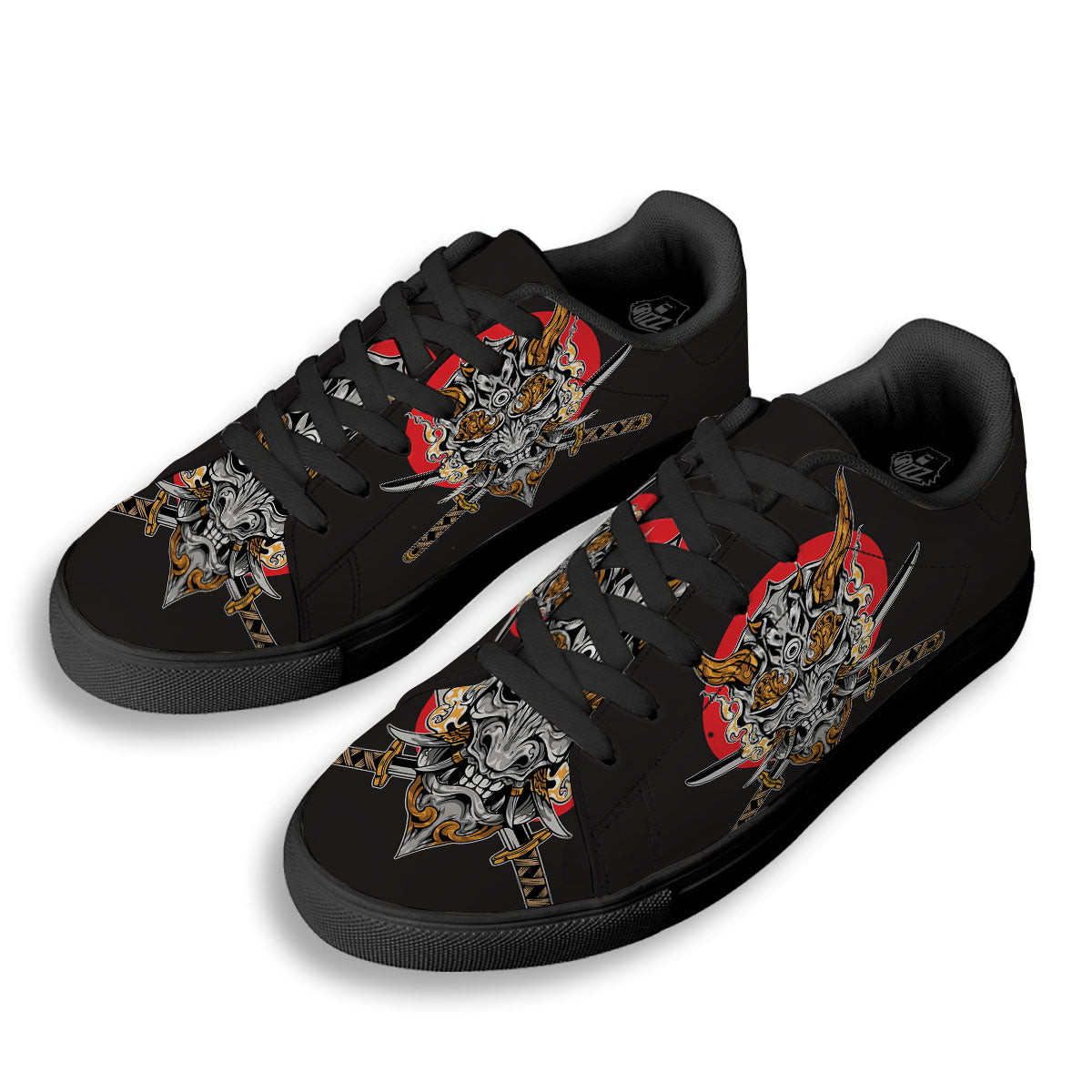 Samurai Demon Print Black Low Top Sneakers-grizzshop