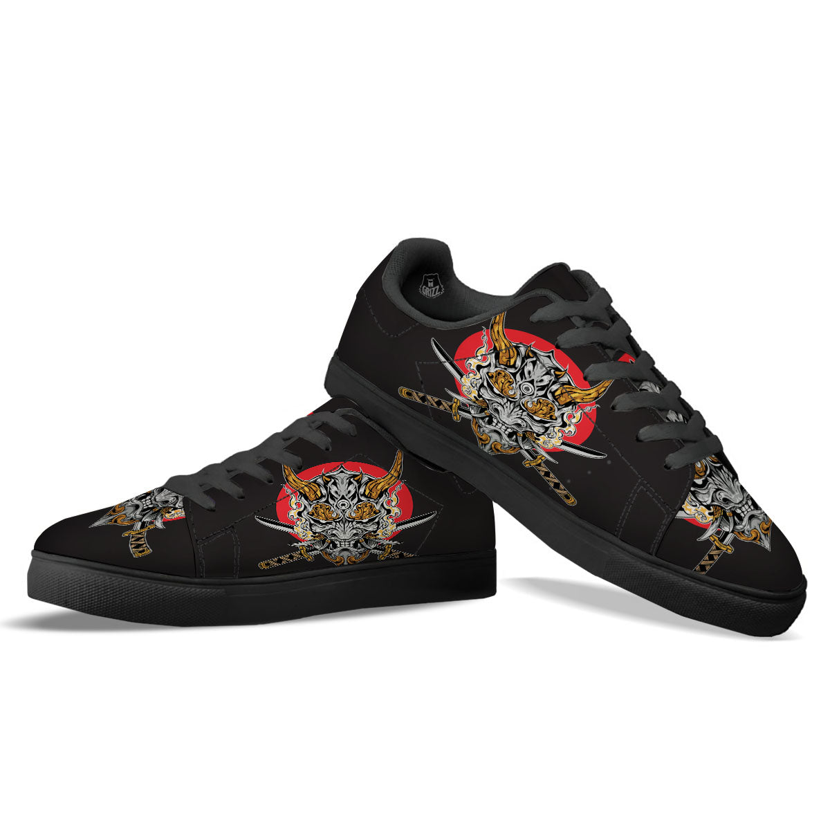 Samurai Demon Print Black Low Top Sneakers-grizzshop