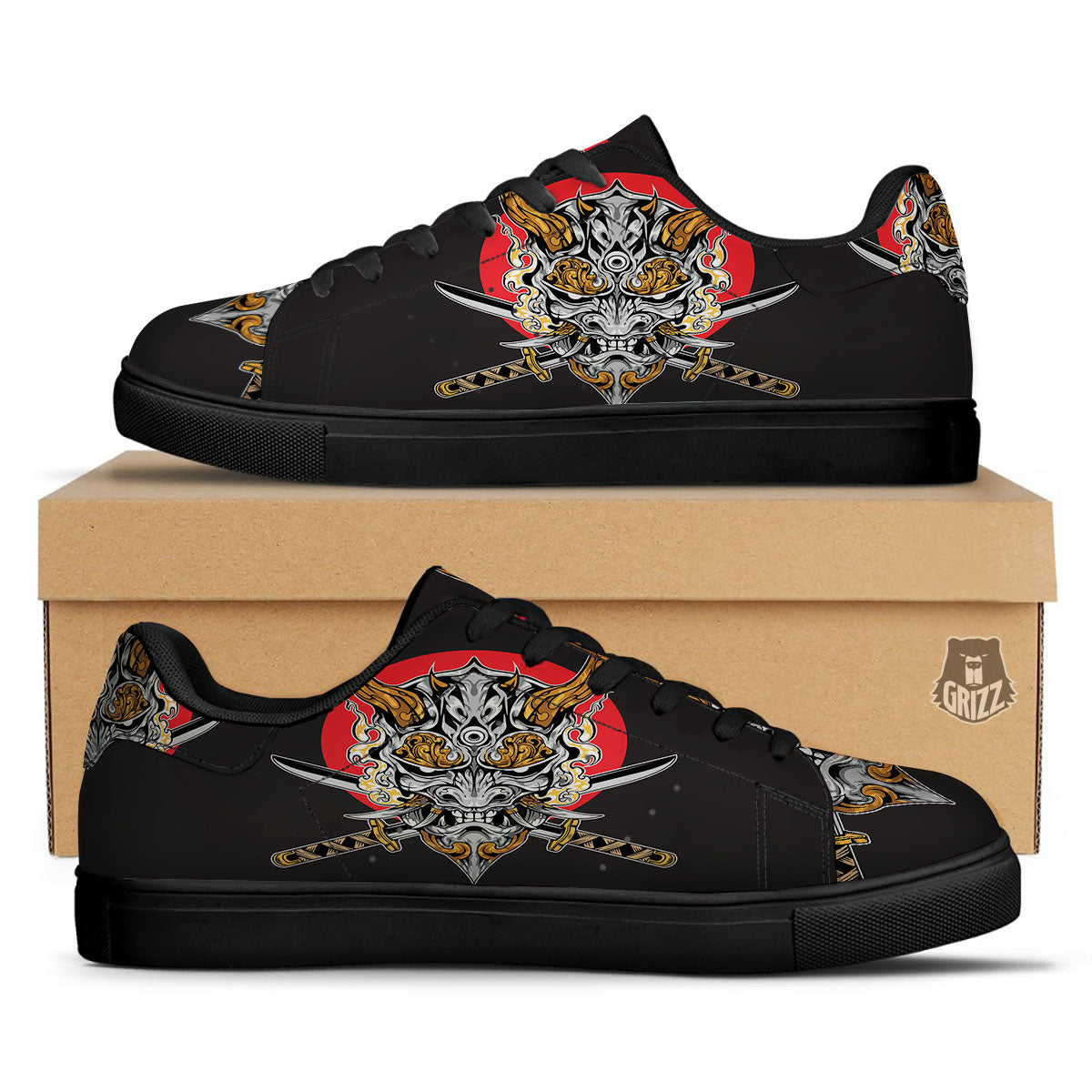 Samurai Demon Print Black Low Top Sneakers-grizzshop