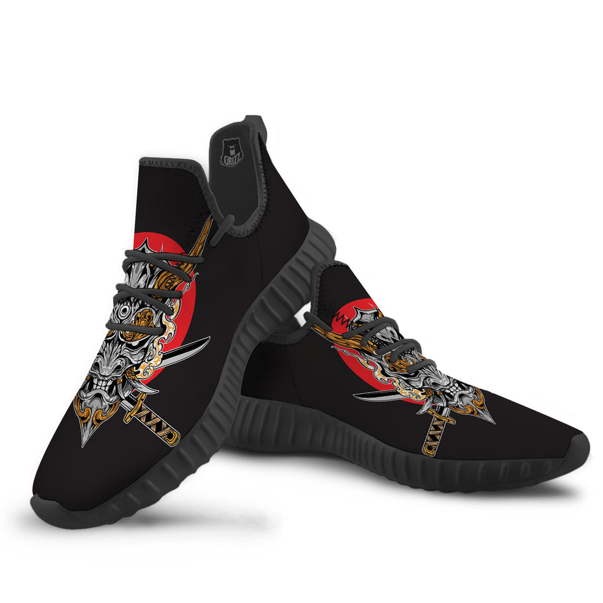 Samurai Demon Print Black Walking Shoes-grizzshop