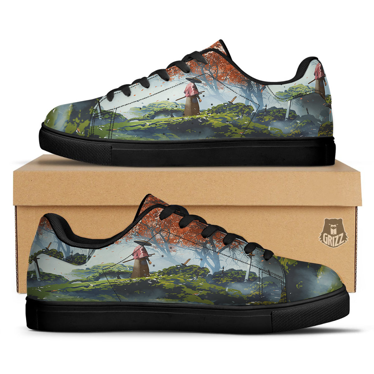 Samurai Fantasy Print Black Low Top Sneakers-grizzshop