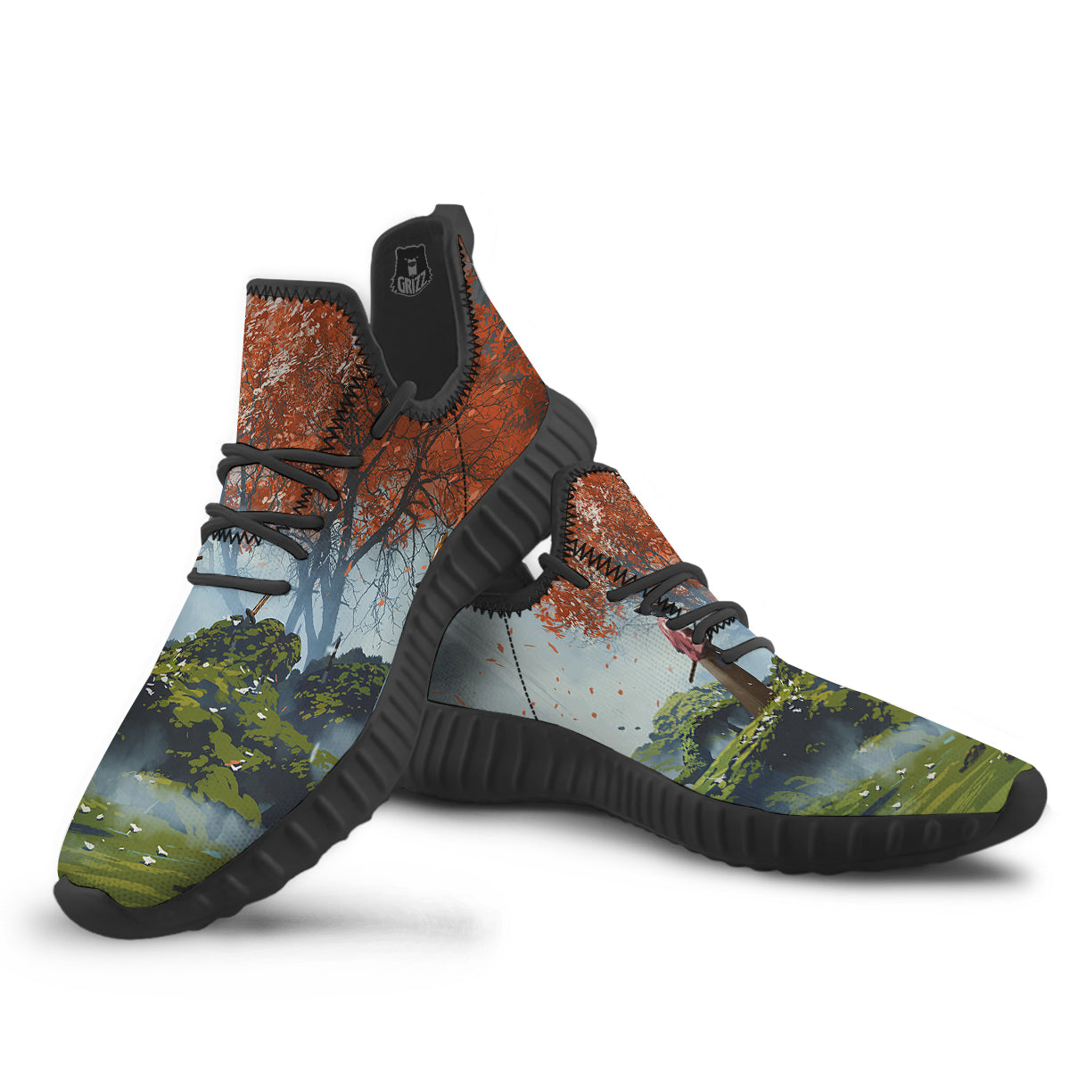 Samurai Fantasy Print Black Walking Shoes-grizzshop
