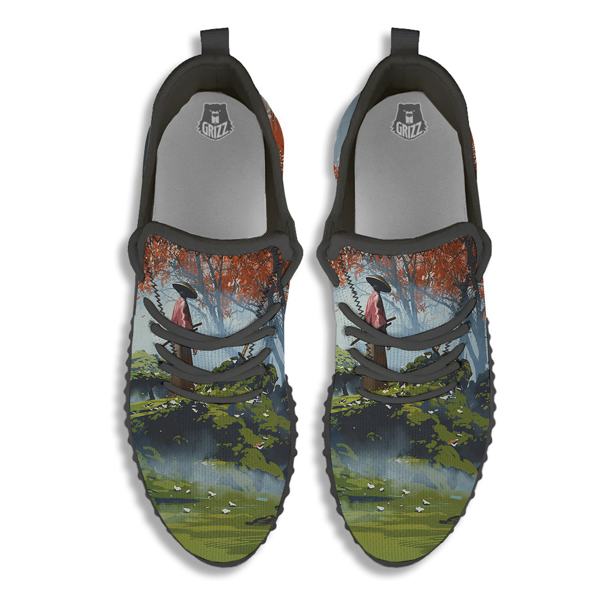 Samurai Fantasy Print Black Walking Shoes-grizzshop