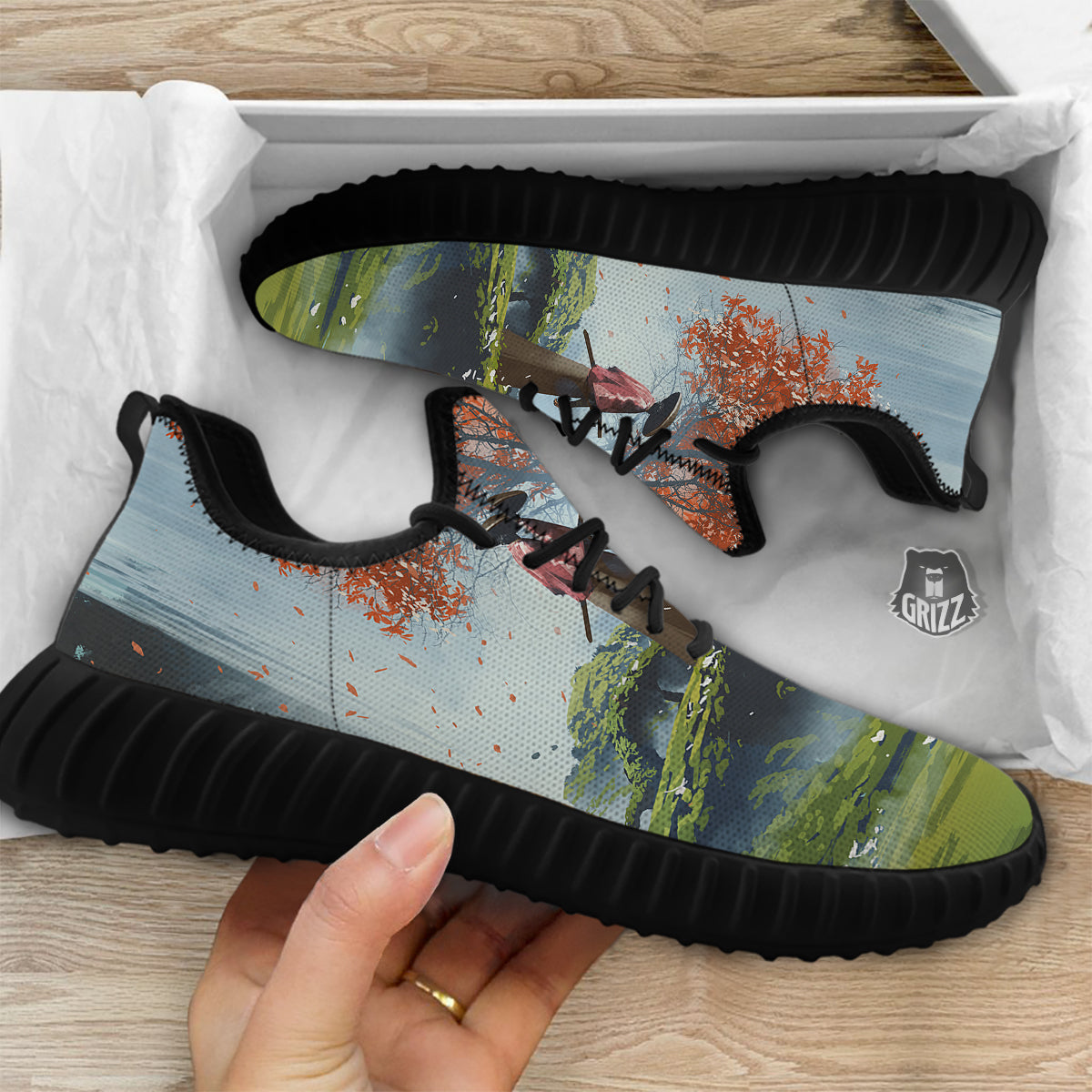 Samurai Fantasy Print Black Walking Shoes-grizzshop