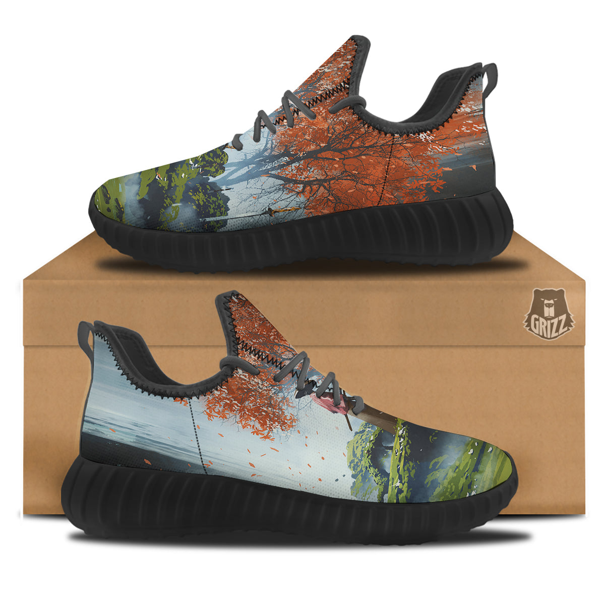 Samurai Fantasy Print Black Walking Shoes-grizzshop