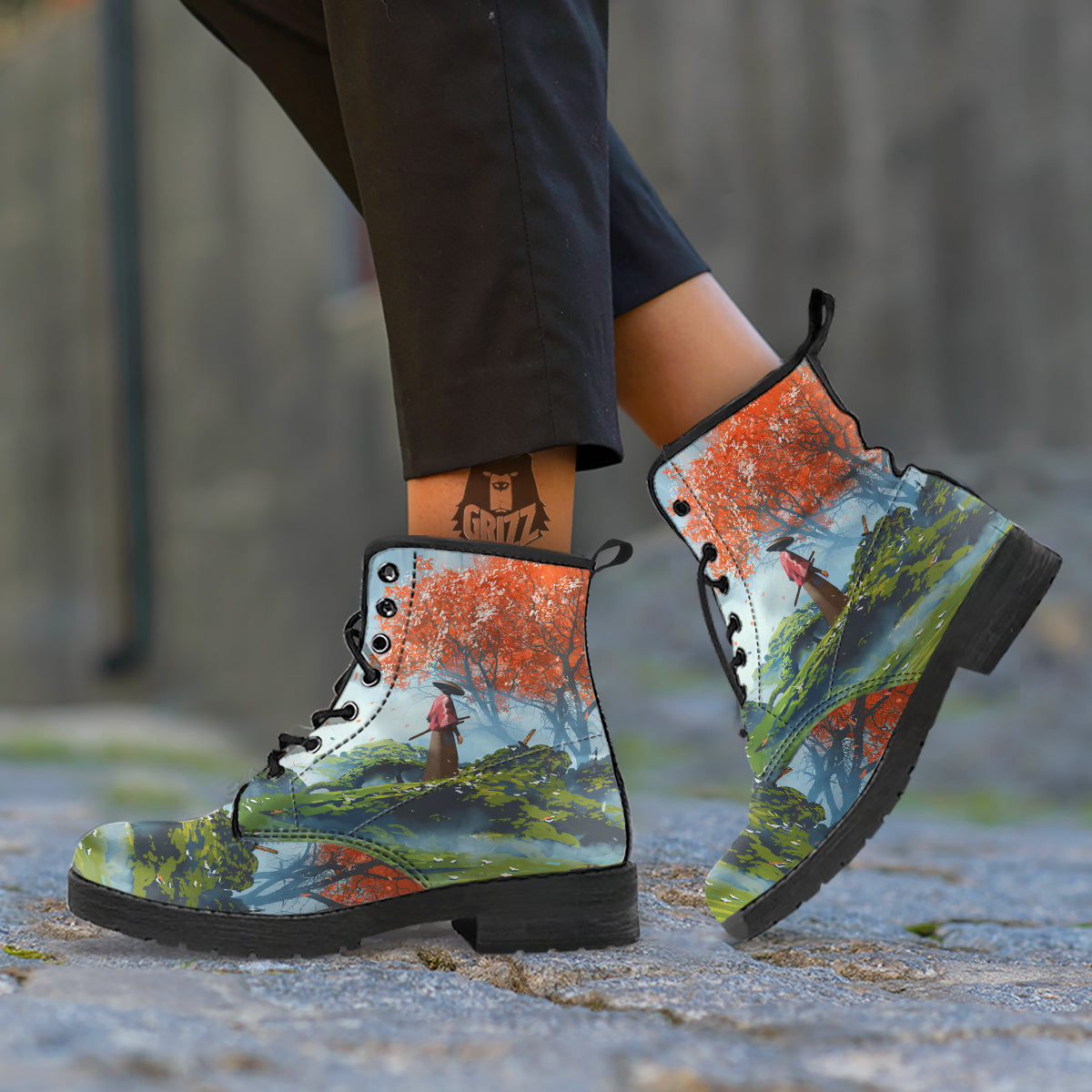 Samurai Fantasy Print Leather Boots-grizzshop