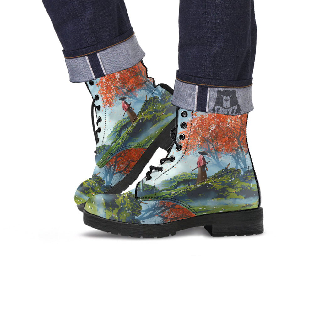 Samurai Fantasy Print Leather Boots-grizzshop