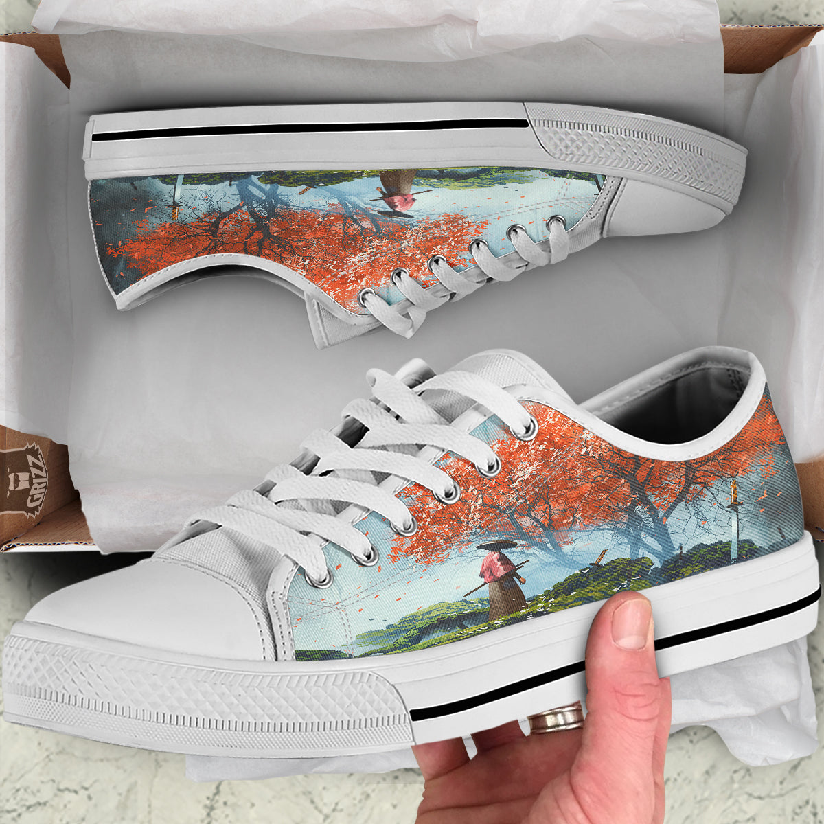 Samurai Fantasy Print White Low Top Shoes-grizzshop