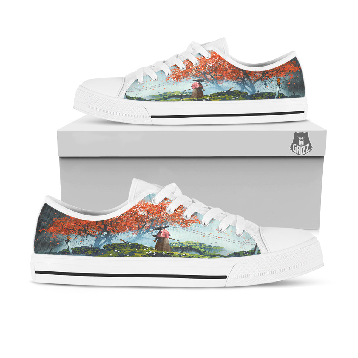 Samurai Fantasy Print White Low Top Shoes-grizzshop