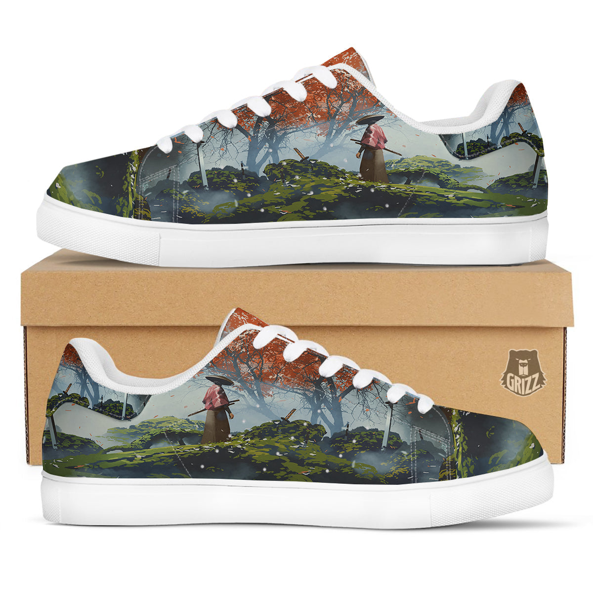Samurai Fantasy Print White Low Top Sneakers-grizzshop