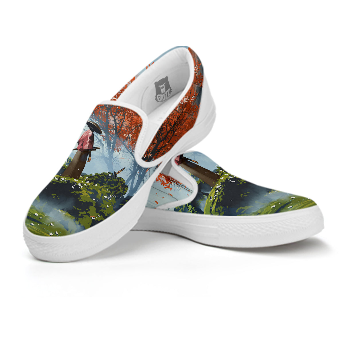 Samurai Fantasy Print White Slip On Shoes-grizzshop