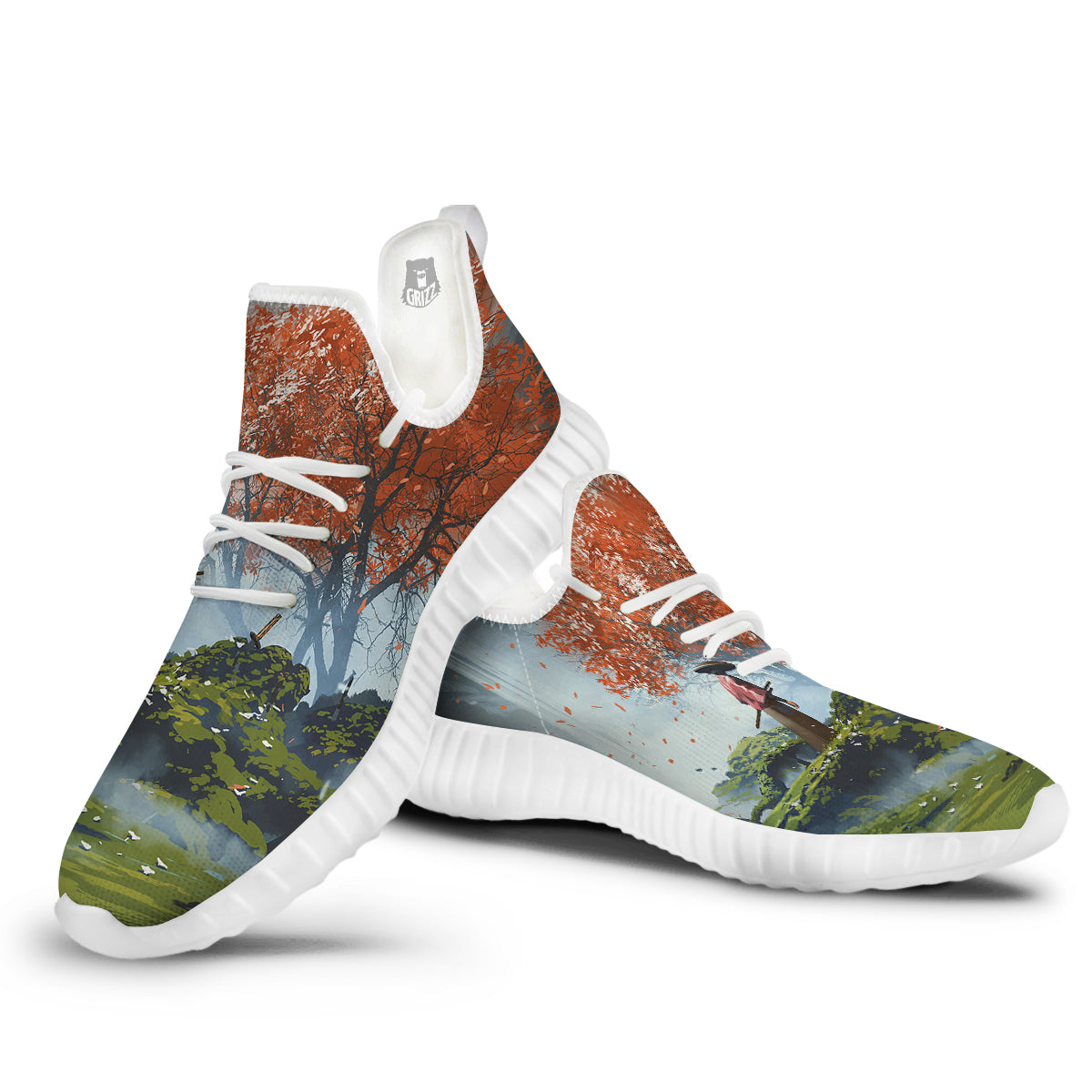 Samurai Fantasy Print White Walking Shoes-grizzshop