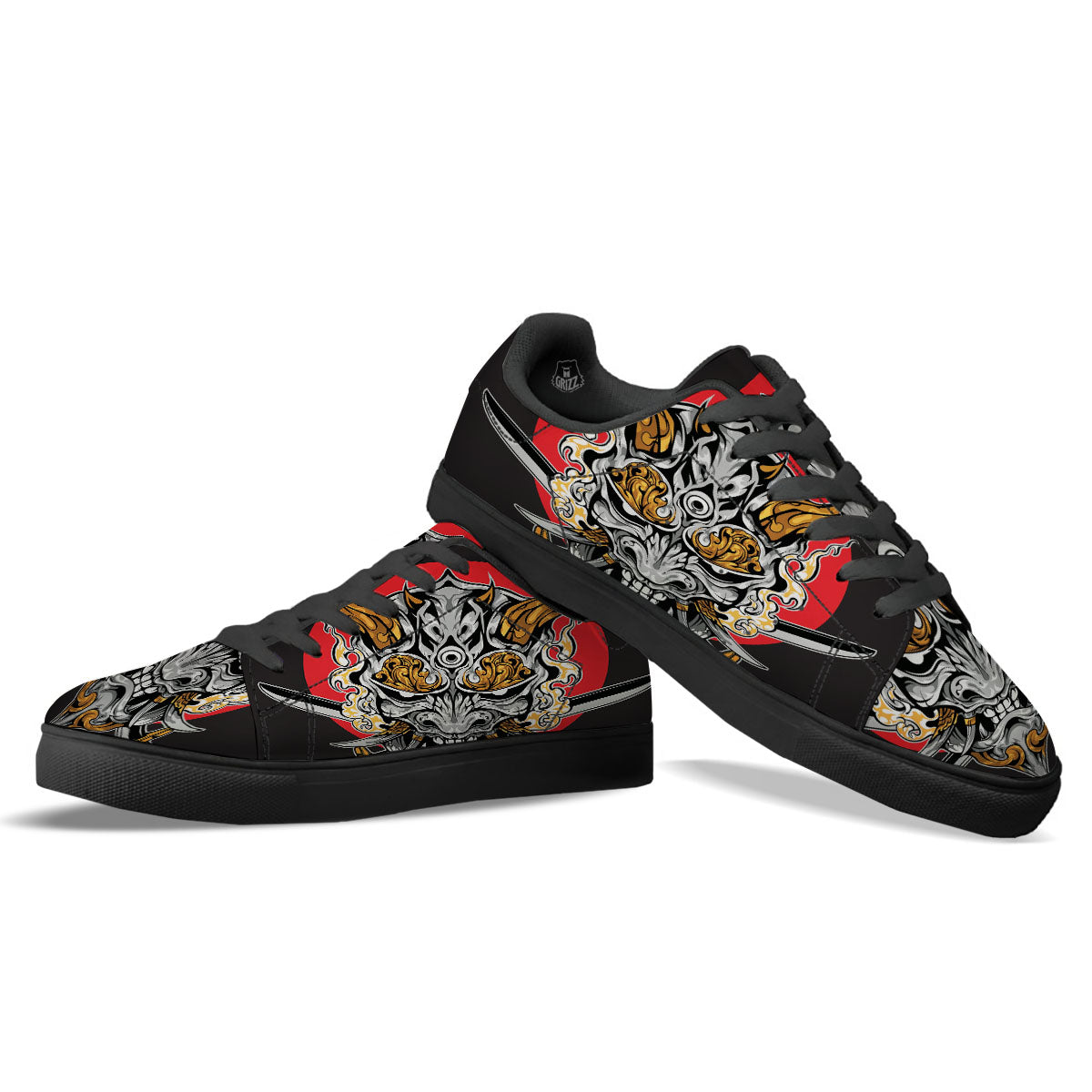 Samurai Ghost Japanese Print Black Low Top Sneakers-grizzshop