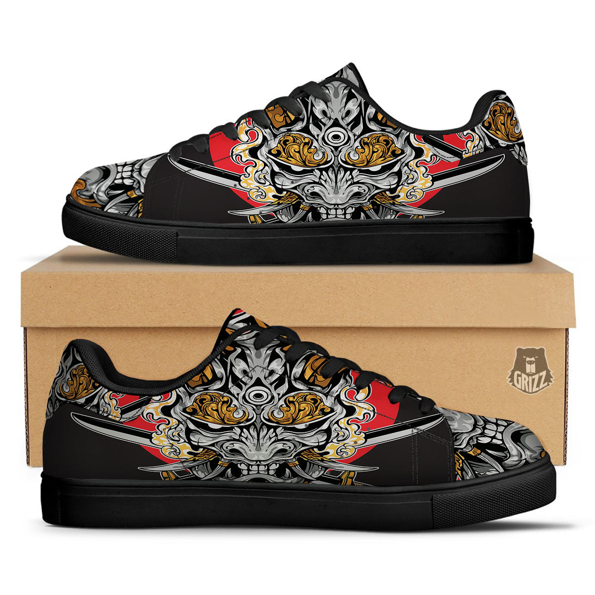 Samurai Ghost Japanese Print Black Low Top Sneakers-grizzshop