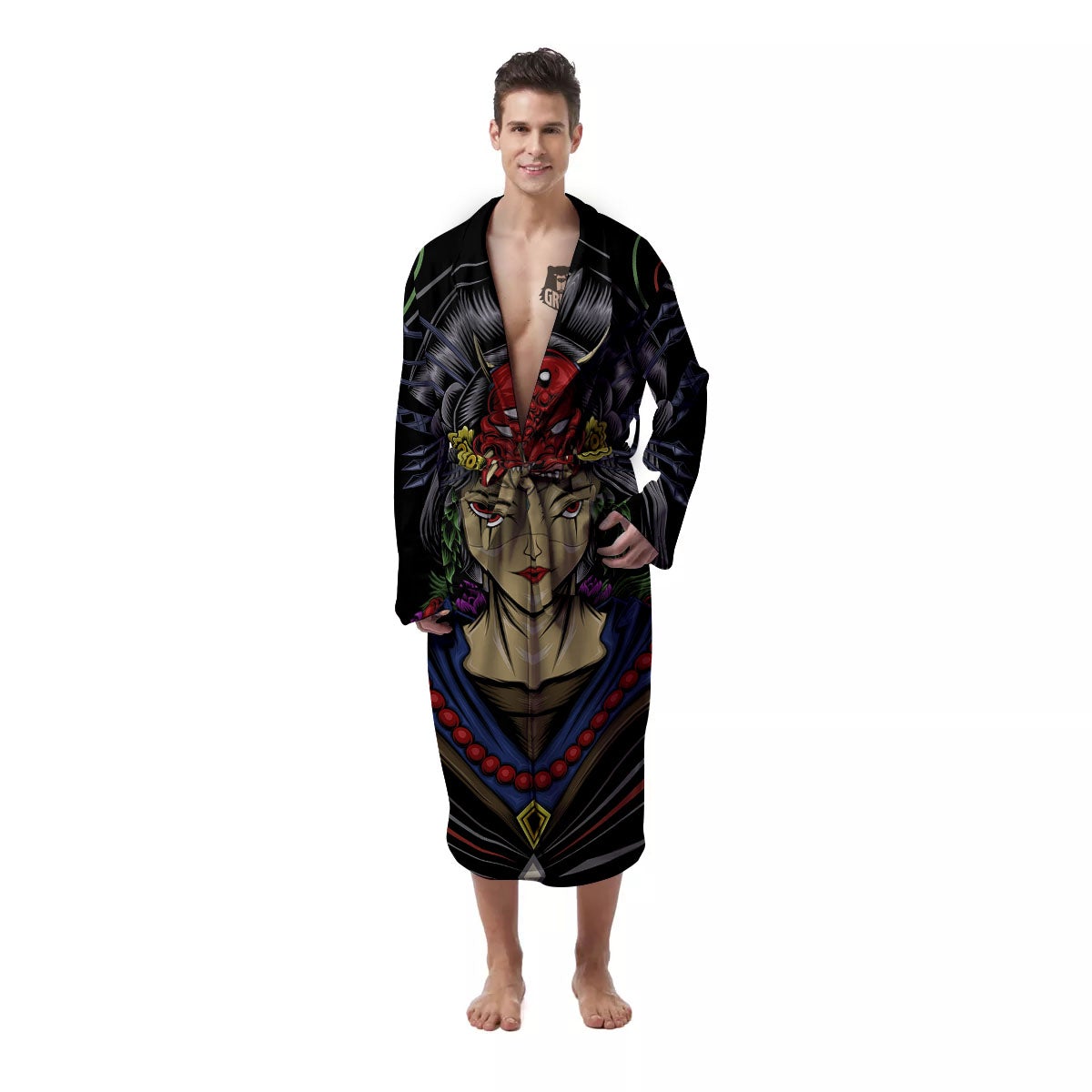 Samurai Girl Japanese Print Men's Robe-grizzshop