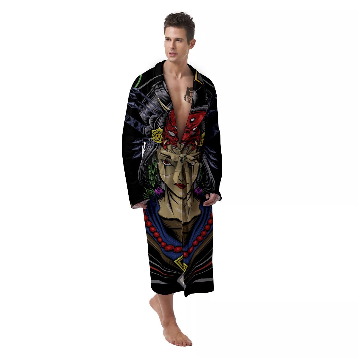 Samurai Girl Japanese Print Men's Robe-grizzshop