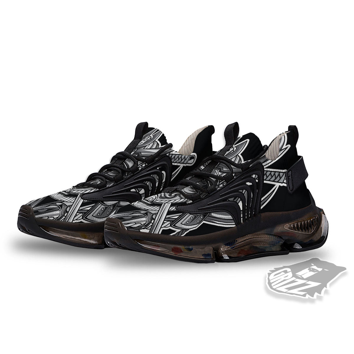 Samurai Mask Silver Print Black Gym Shoes-grizzshop