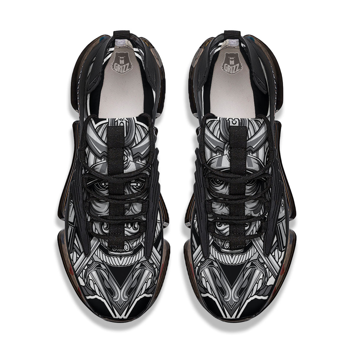 Samurai Mask Silver Print Black Gym Shoes-grizzshop