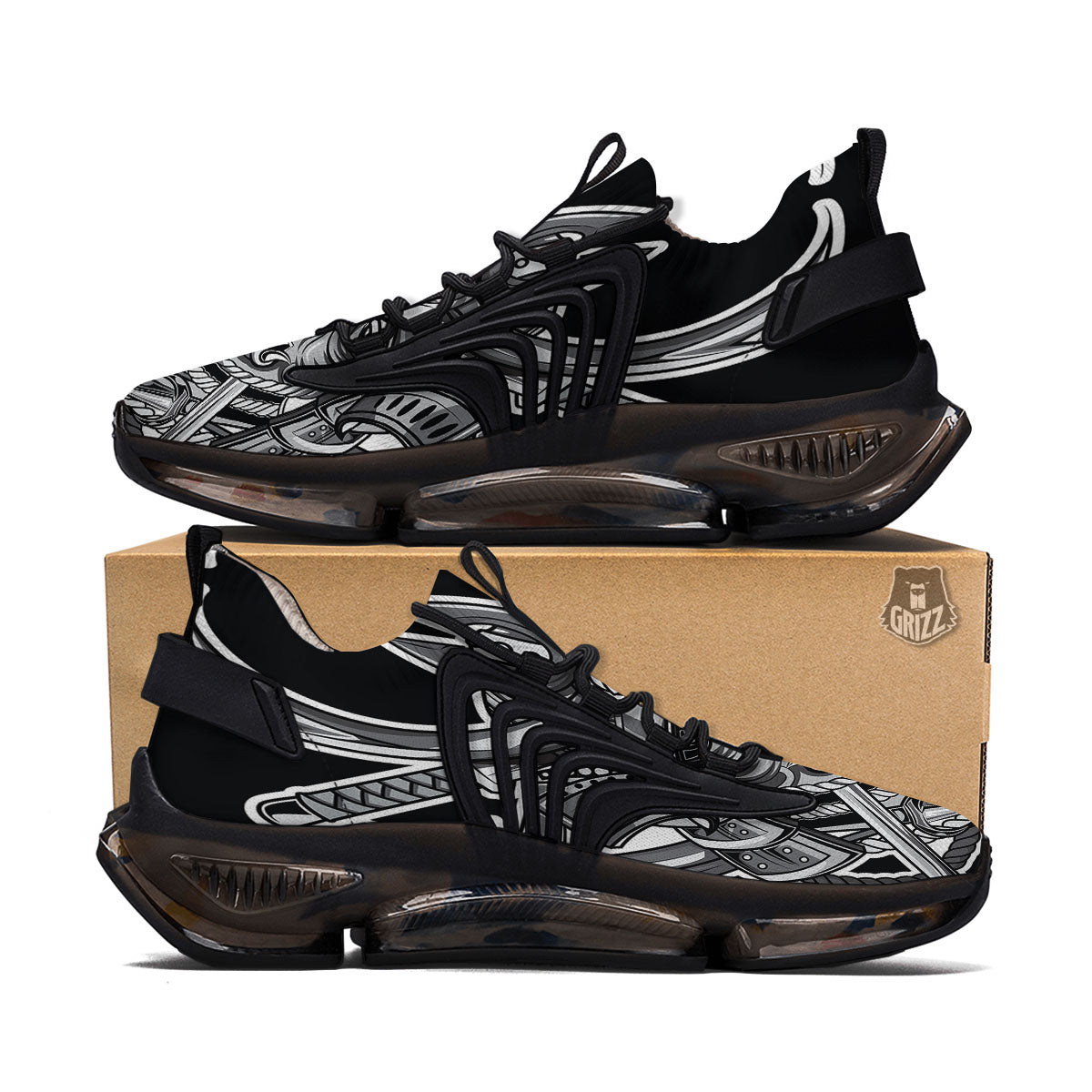 Samurai Mask Silver Print Black Gym Shoes-grizzshop