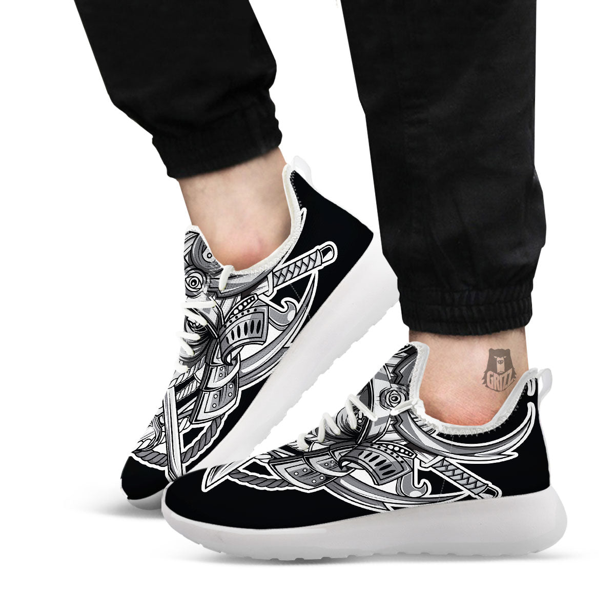 Samurai Mask Silver Print White Athletic Shoes-grizzshop