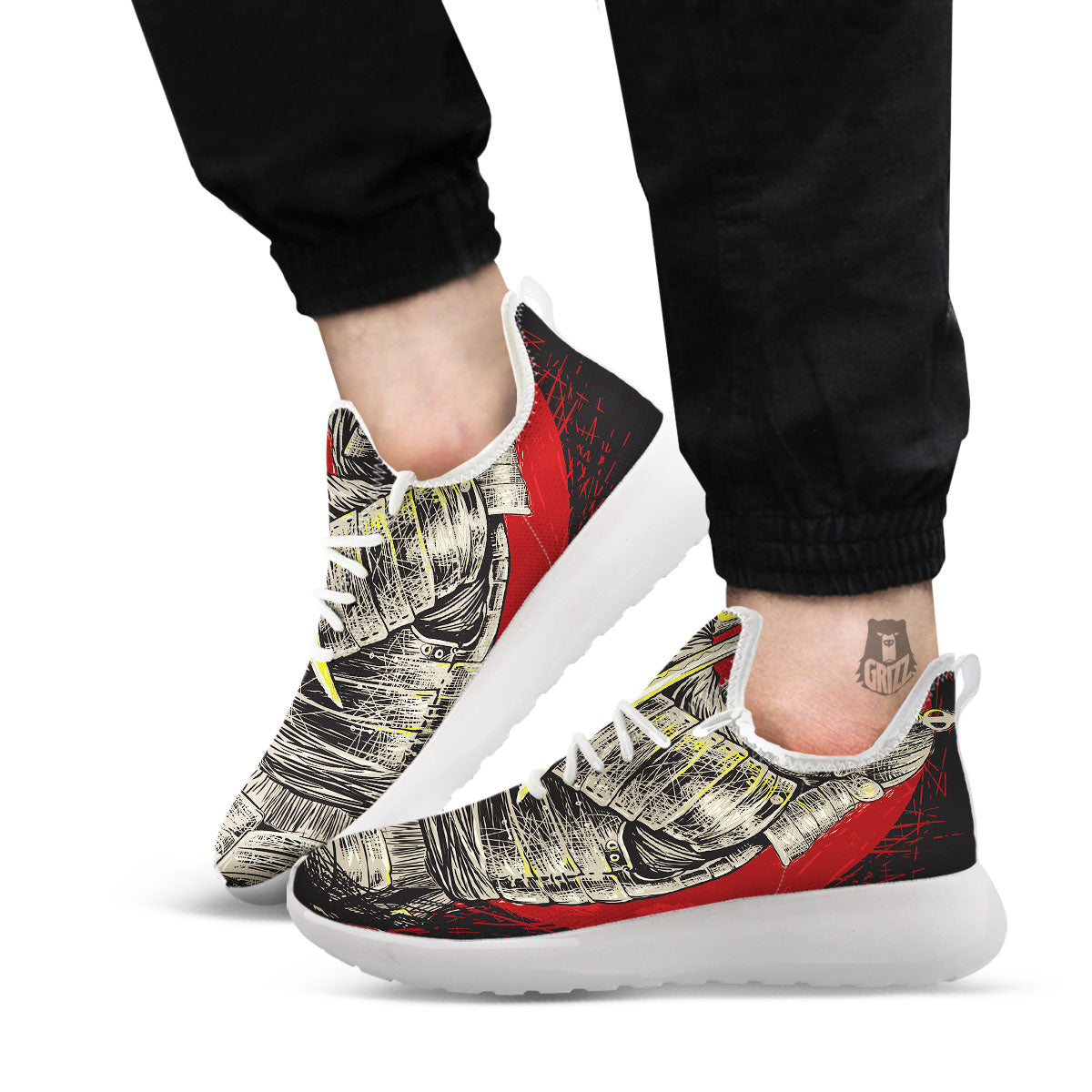 Samurai Red Moon Print White Athletic Shoes-grizzshop