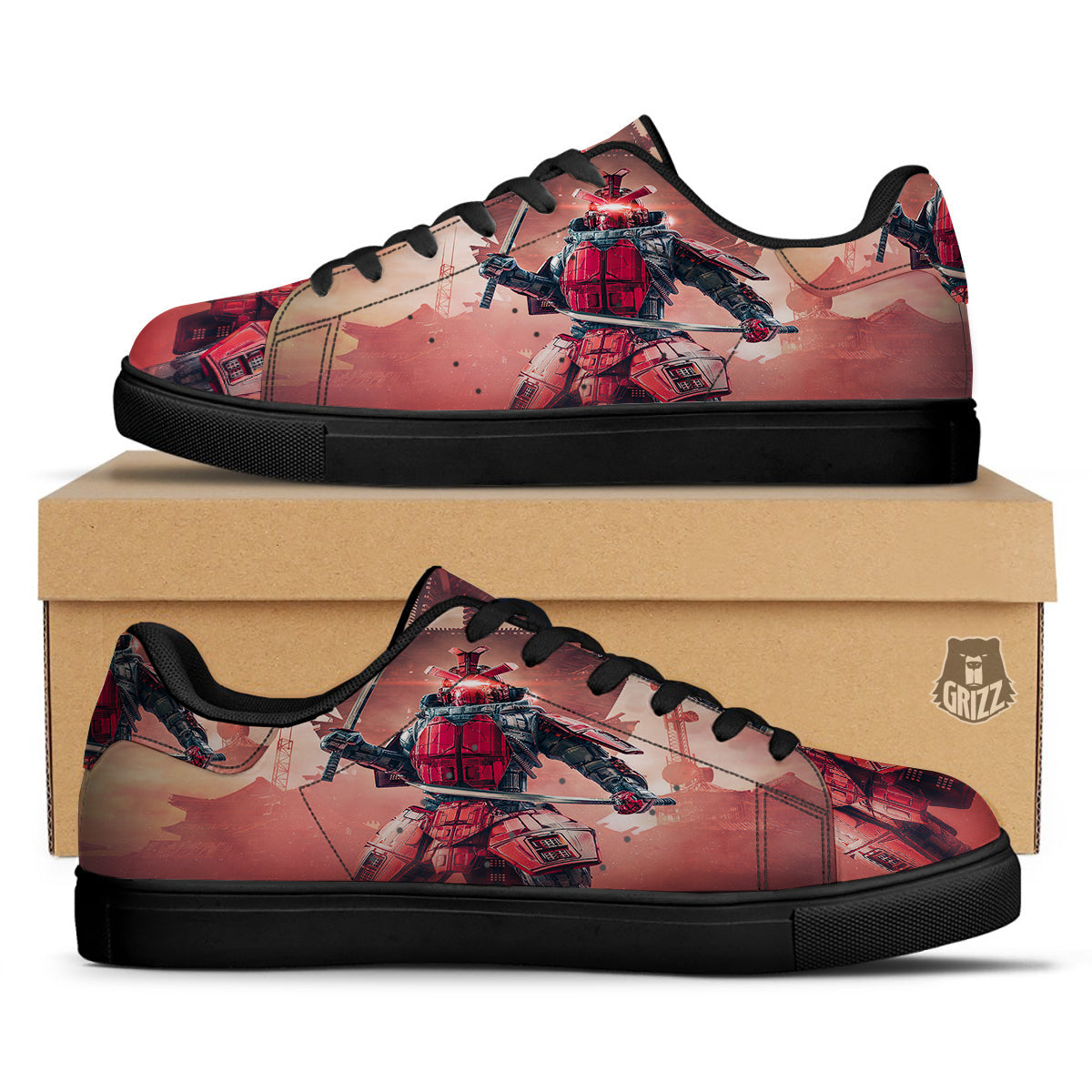 Samurai Robot Print Black Low Top Sneakers-grizzshop