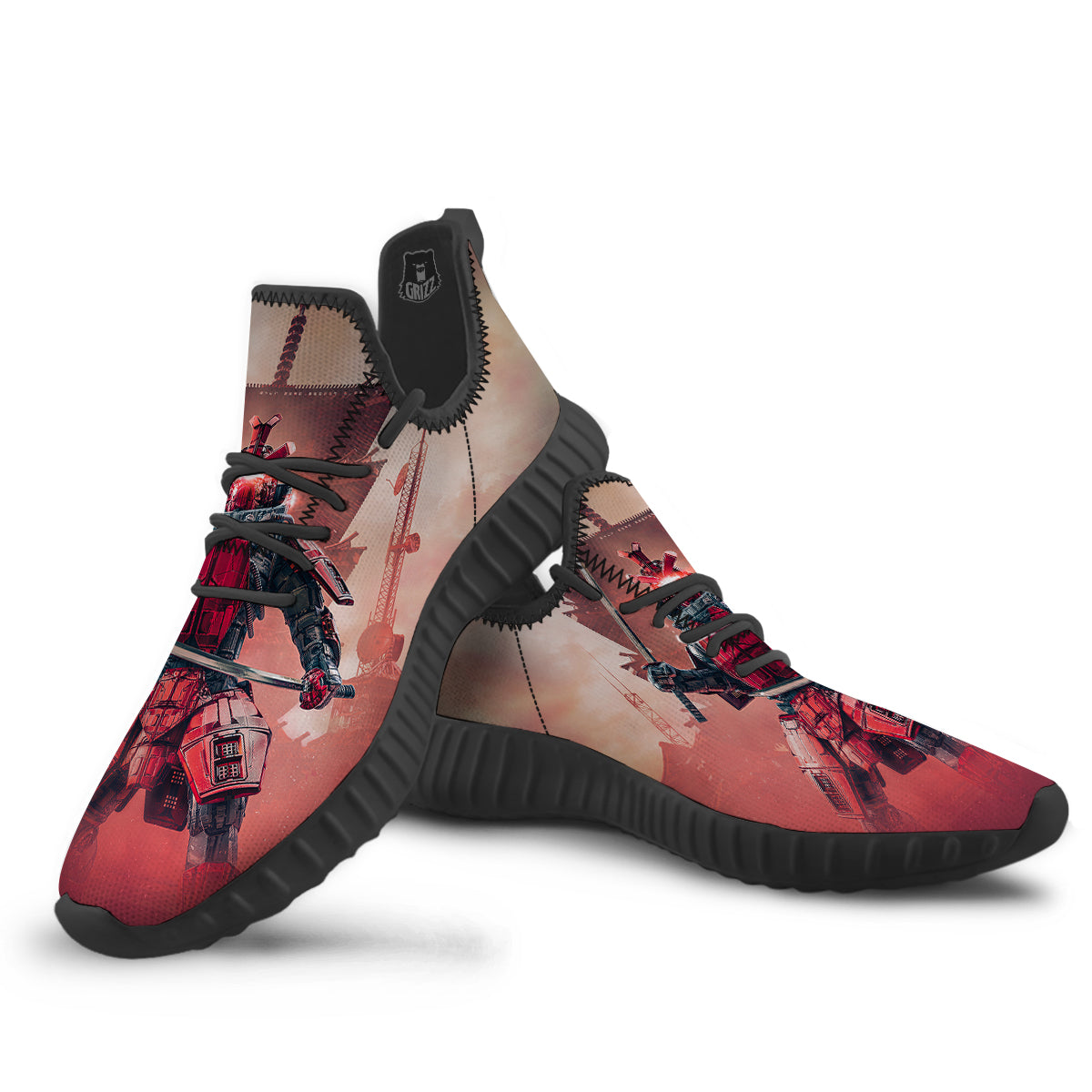 Samurai Robot Print Black Walking Shoes-grizzshop