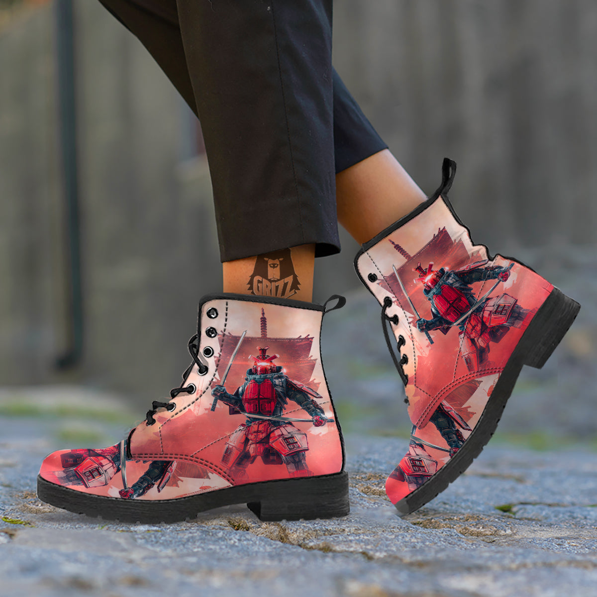 Samurai Robot Print Leather Boots-grizzshop