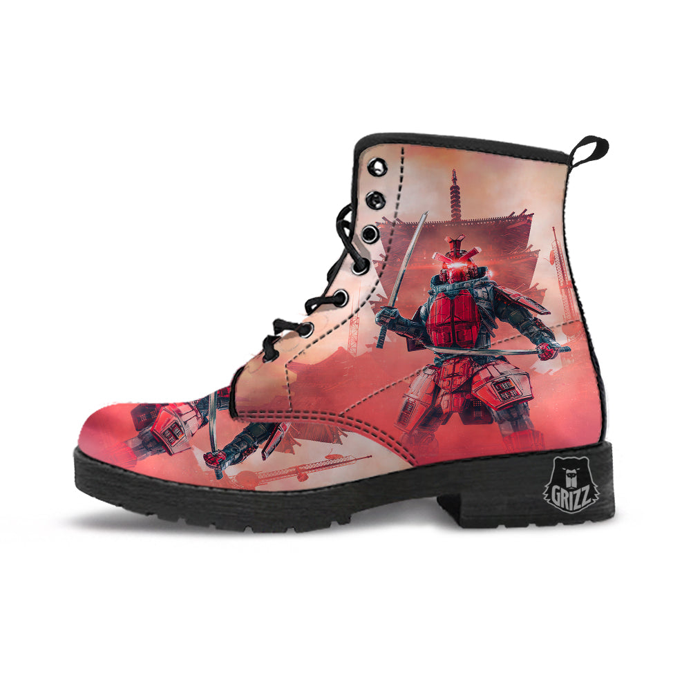 Samurai Robot Print Leather Boots-grizzshop