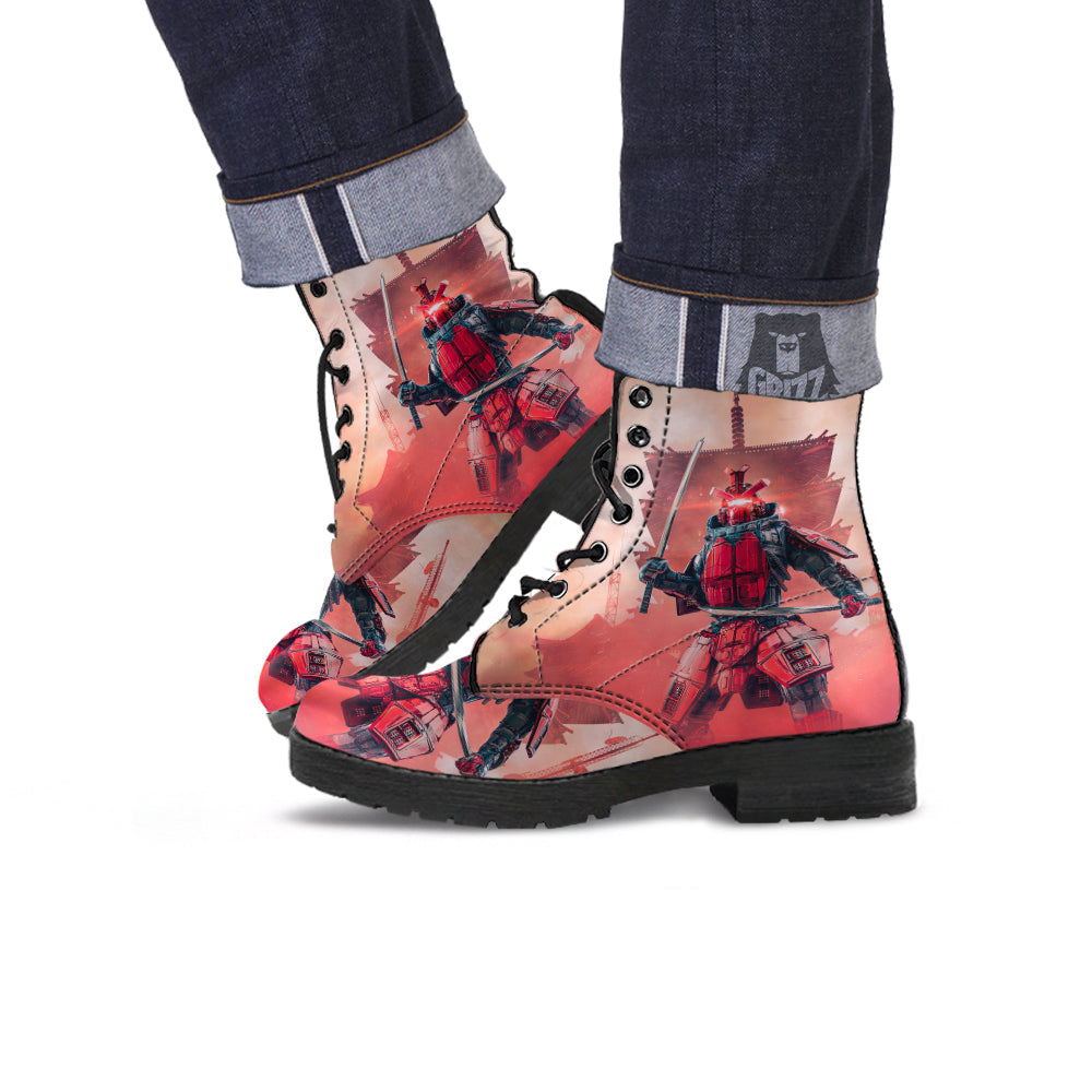 Samurai Robot Print Leather Boots-grizzshop