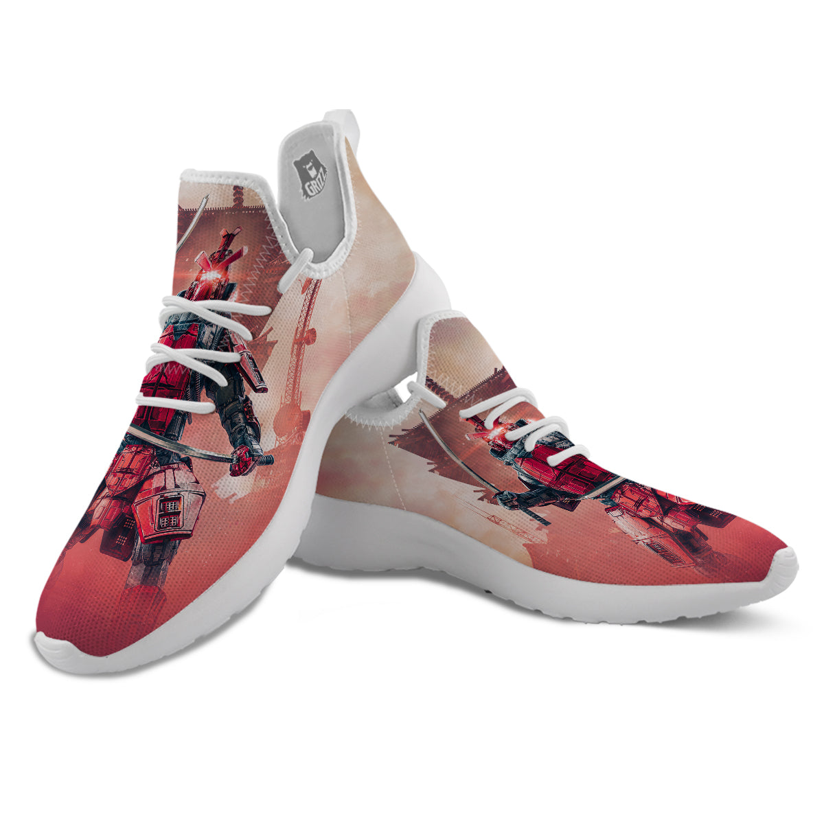 Samurai Robot Print White Athletic Shoes-grizzshop