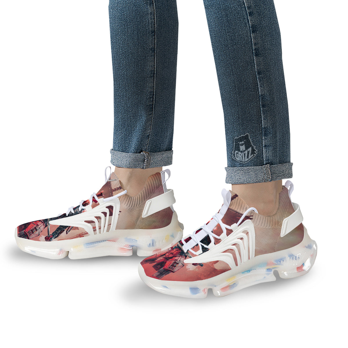 Samurai Robot Print White Gym Shoes-grizzshop